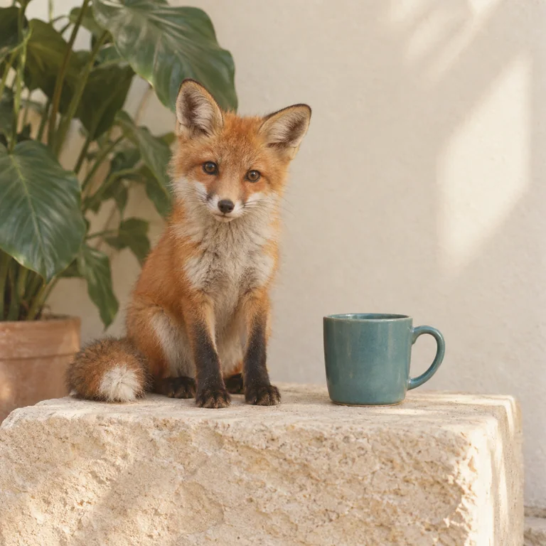 The orange fox, teal cup and plant reference scene in 35mm film style