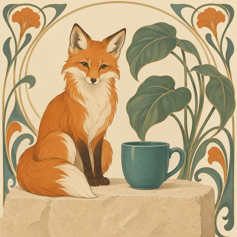 The orange fox, teal cup and plant reference scene in art nouveau style
