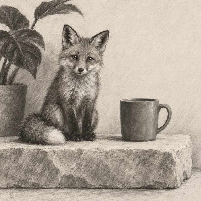 The orange fox, teal cup and plant reference scene in charcoal style