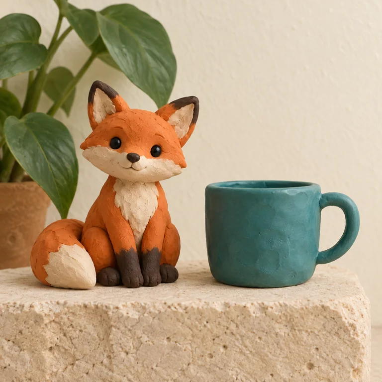 The orange fox, teal cup and plant reference scene in claymation style
