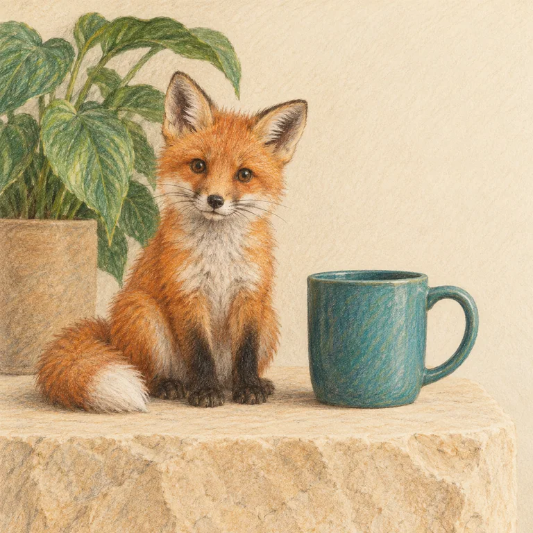 The orange fox, teal cup and plant reference scene in coloured pencil style