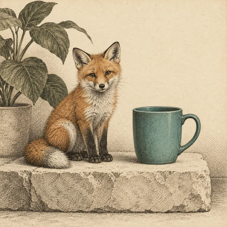 The orange fox, teal cup and plant reference scene in etching style