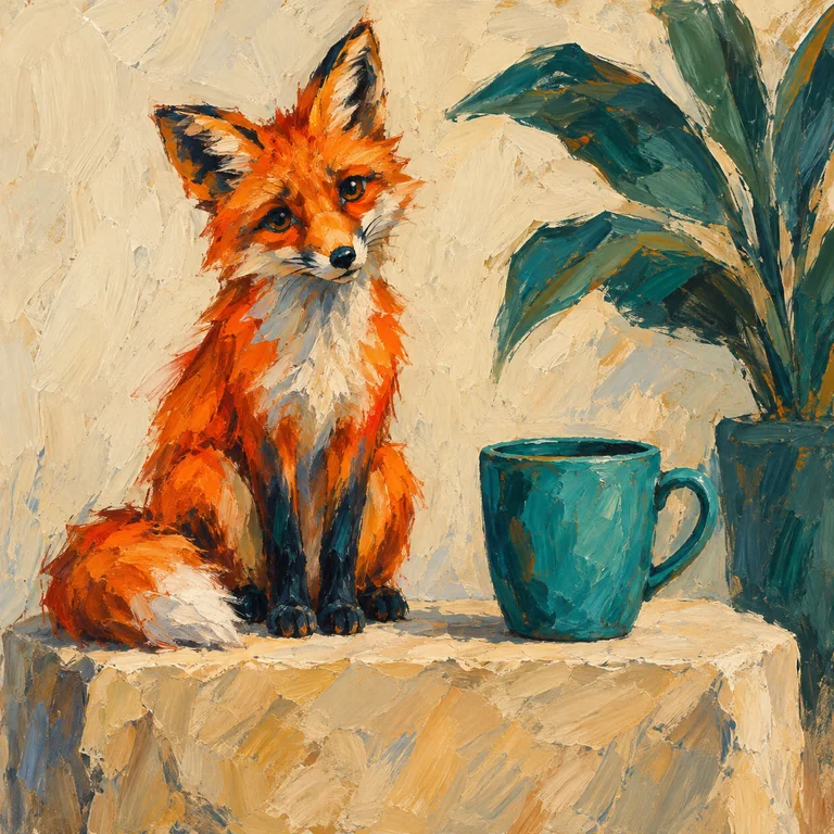 The orange fox, teal cup and plant reference scene in expressionism style