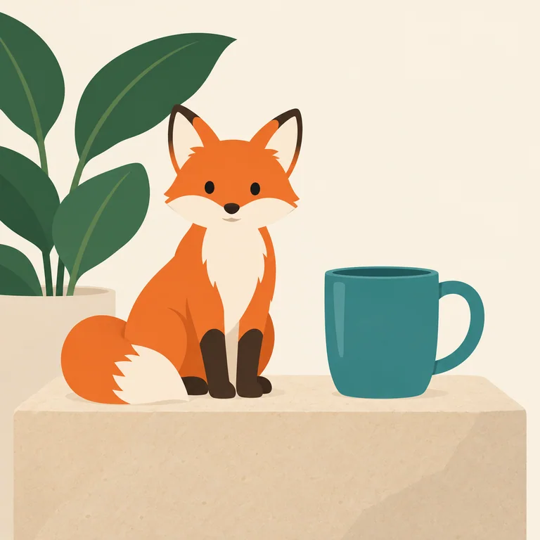 The orange fox, teal cup and plant reference scene in flat vector style