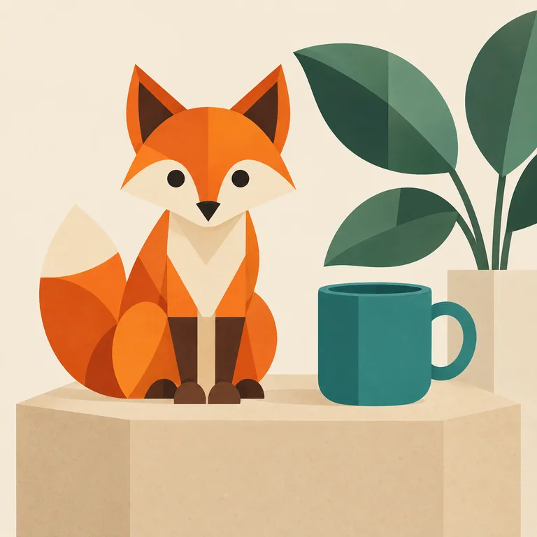 The orange fox, teal cup and plant reference scene in geometric style