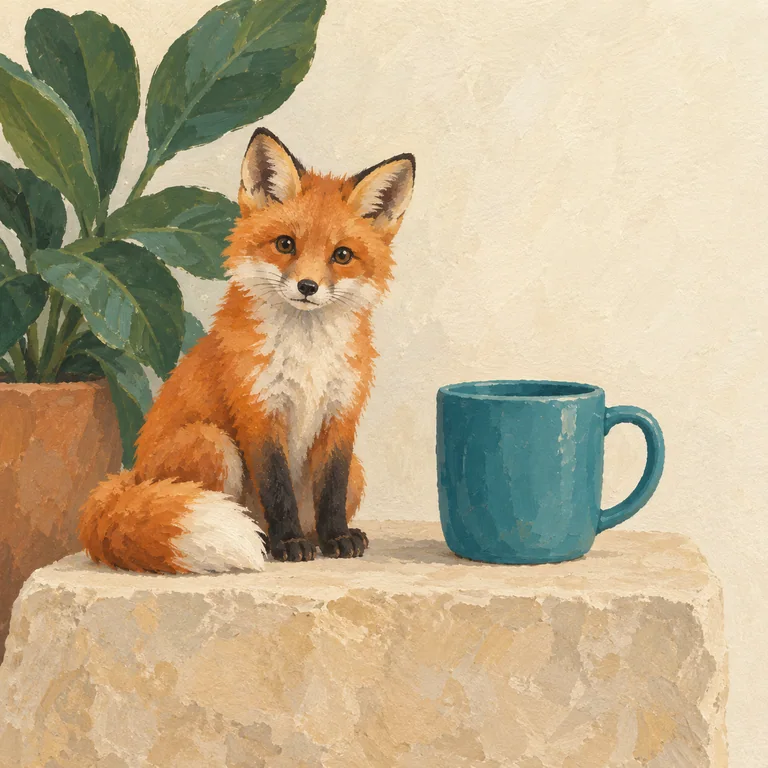 The orange fox, teal cup and plant reference scene in gouache style
