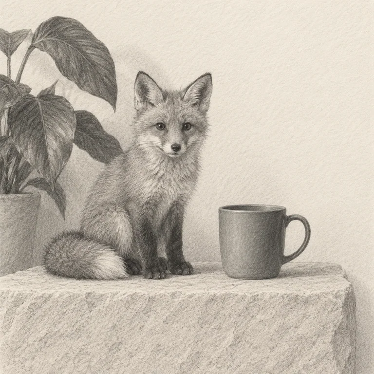 The orange fox, teal cup and plant reference scene in graphite pencil style