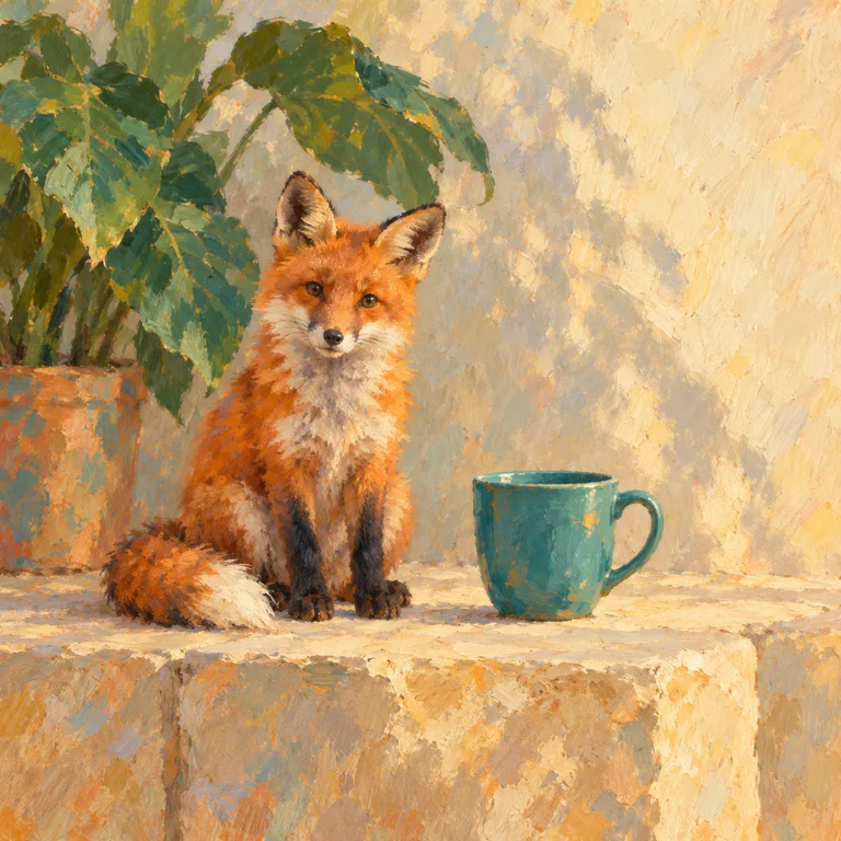 The orange fox, teal cup and plant reference scene in impressionism style