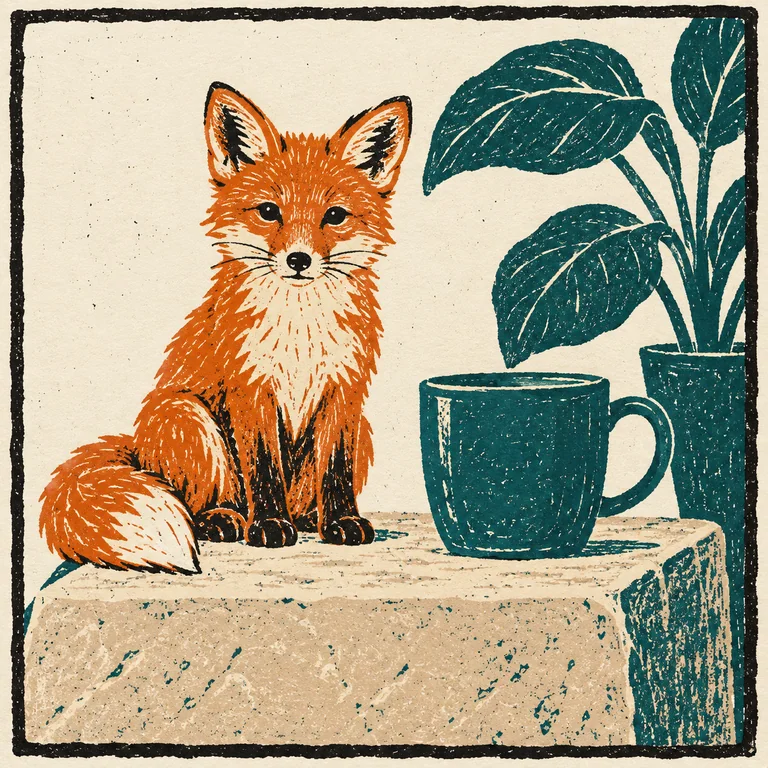 The orange fox, teal cup and plant reference scene in linocut style