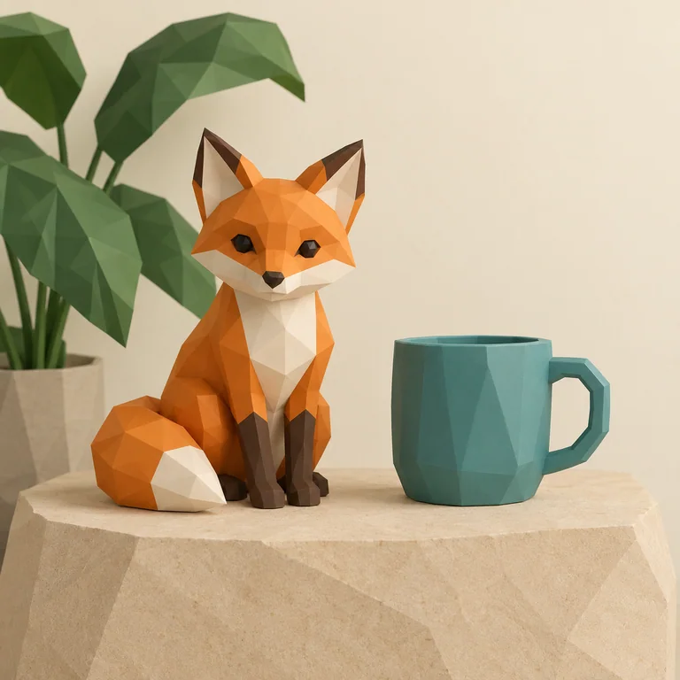 The orange fox, teal cup and plant reference scene in low poly style