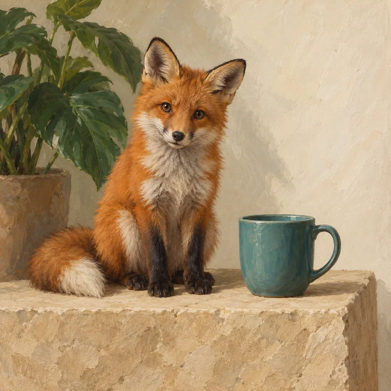 The orange fox, teal cup and plant reference scene in oil painting style