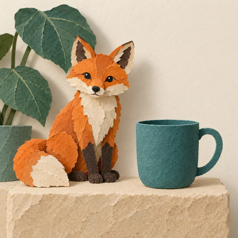 The orange fox, teal cup and plant reference scene in paper collage style