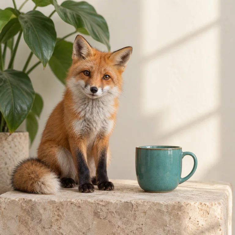 The orange fox, teal cup and plant reference scene in photorealistic style