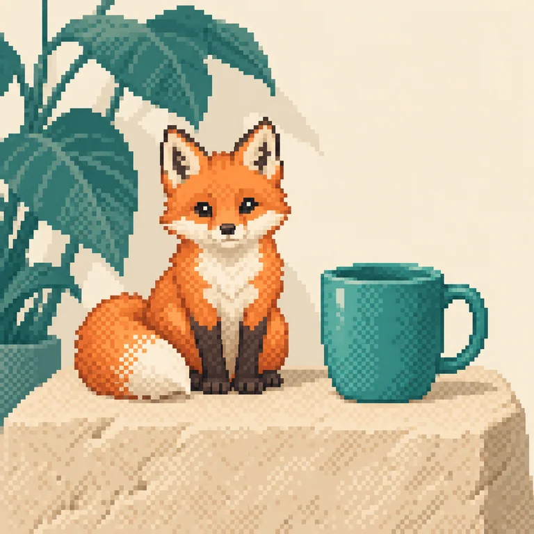 The orange fox, teal cup and plant reference scene in pixel art style
