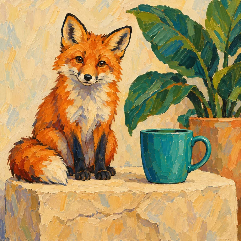 The orange fox, teal cup and plant reference scene in post-impressionism style