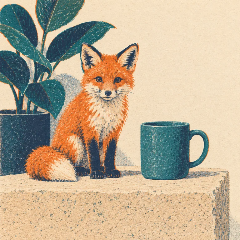 The orange fox, teal cup and plant reference scene in risograph style