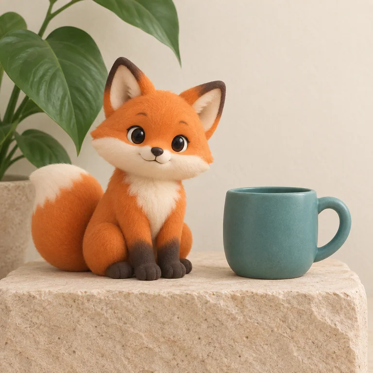 The orange fox, teal cup and plant reference scene in soft 3d style