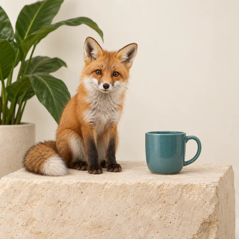 The orange fox, teal cup and plant reference scene in studio product style