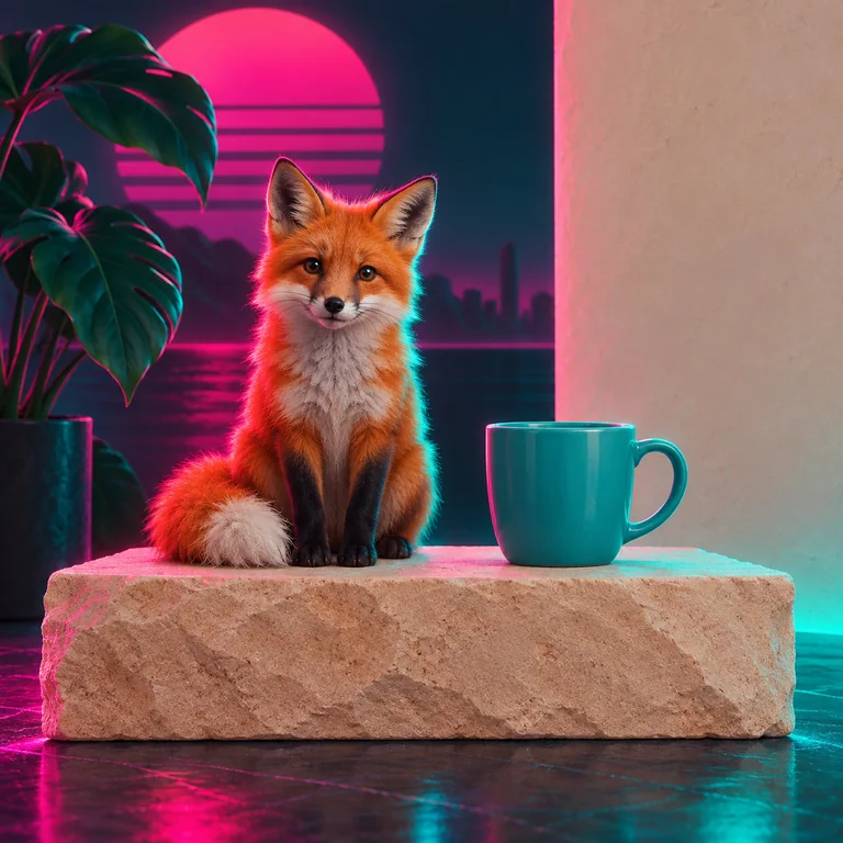 The orange fox, teal cup and plant reference scene in synthwave style