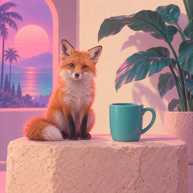 The orange fox, teal cup and plant reference scene in vaporwave style