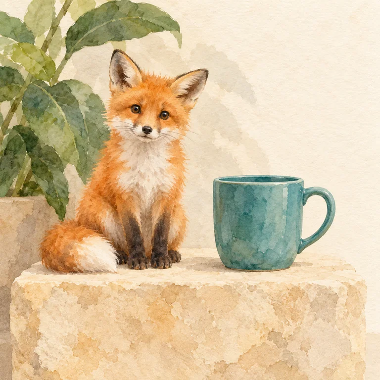 The orange fox, teal cup and plant reference scene in watercolour style
