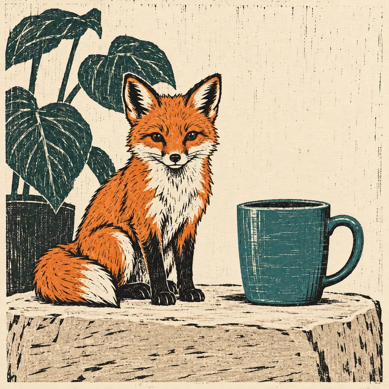The orange fox, teal cup and plant reference scene in woodcut style